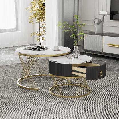 Salontafel – Koffietafel – Bijzettafel – Tafeltje – Woonkamertafel – Wit MDF Met Gouden Accenten – 2-Delige Set Met Lade En Verstelbare Pootjes