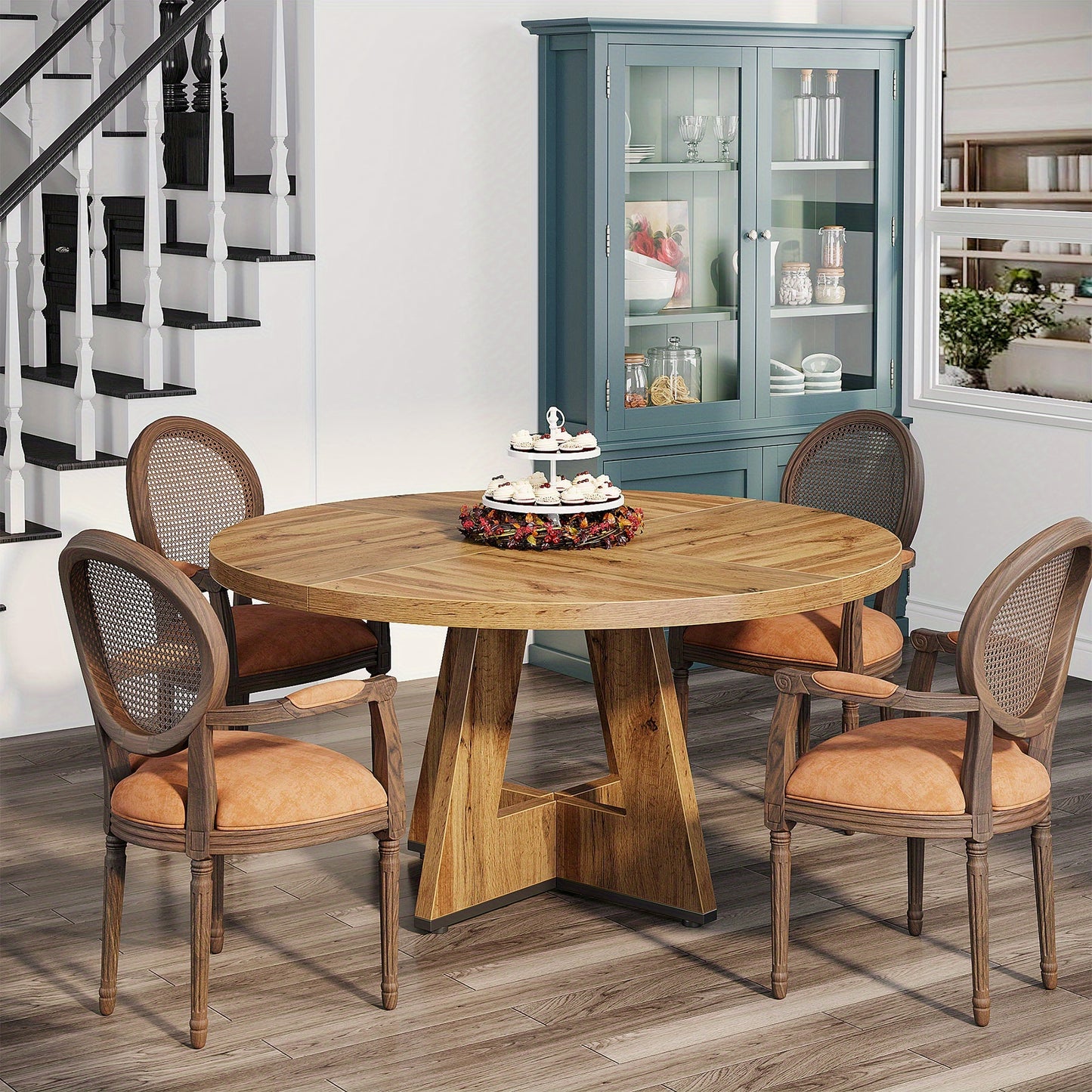 Ronde Eettafel – Houten Tafel – Keukentafel – Draaibare Tafel – Landelijke Tafel – Ruimtebesparend Design – Stevig Kruisvormig Onderstel – Diameter 120 cm – Burlywood Hout