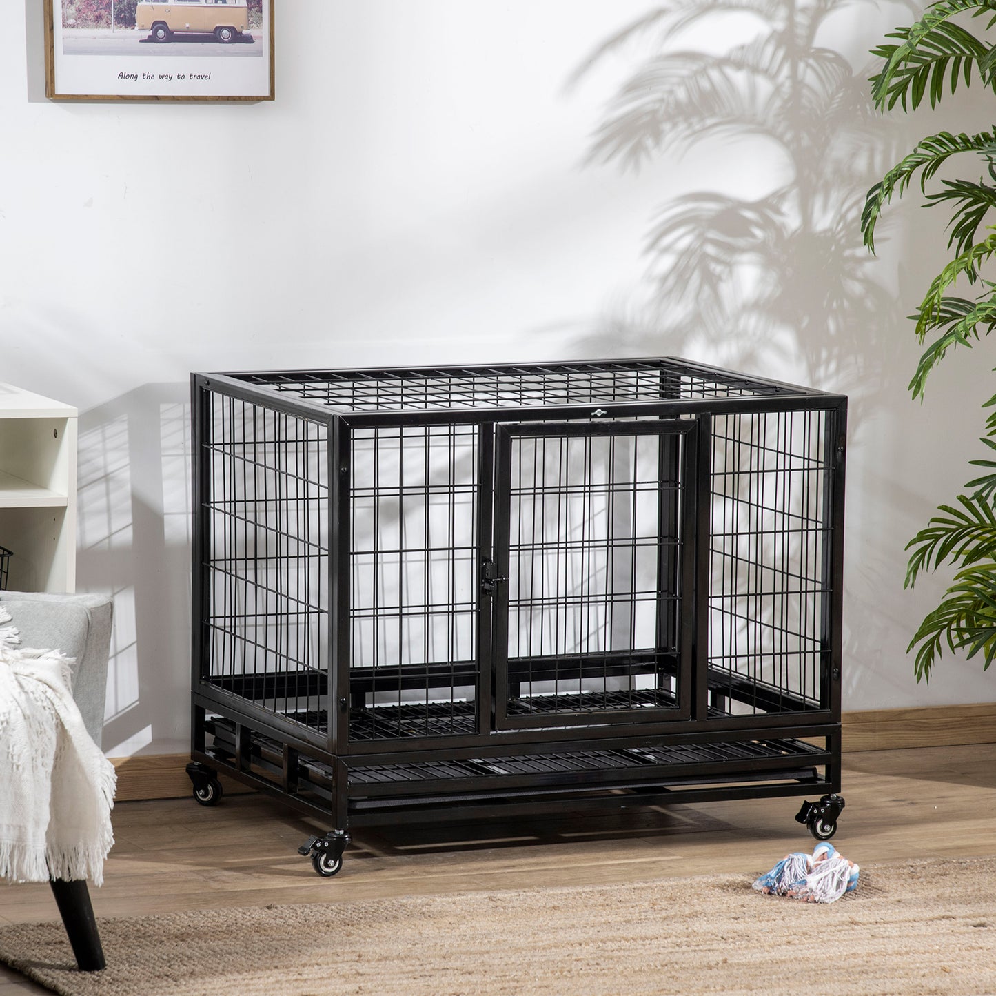 Hondenbench – Hondenkooi – Hondenhok – Reisbench – Transportkooi – Met Wieltjes – 2 Deuren – Metaal – Verwijderbare Opvangbak – 92x62x75 cm – Zwart