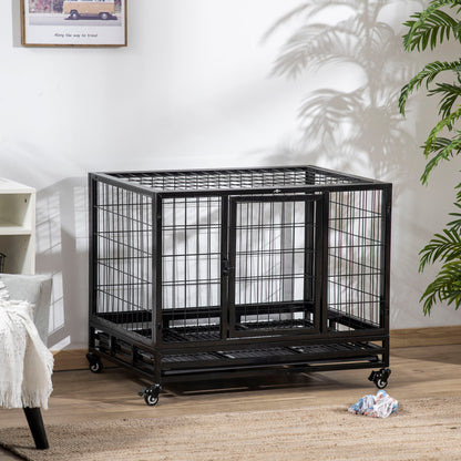 Hondenbench – Hondenkooi – Hondenhok – Reisbench – Transportkooi – Met Wieltjes – 2 Deuren – Metaal – Verwijderbare Opvangbak – 92x62x75 cm – Zwart