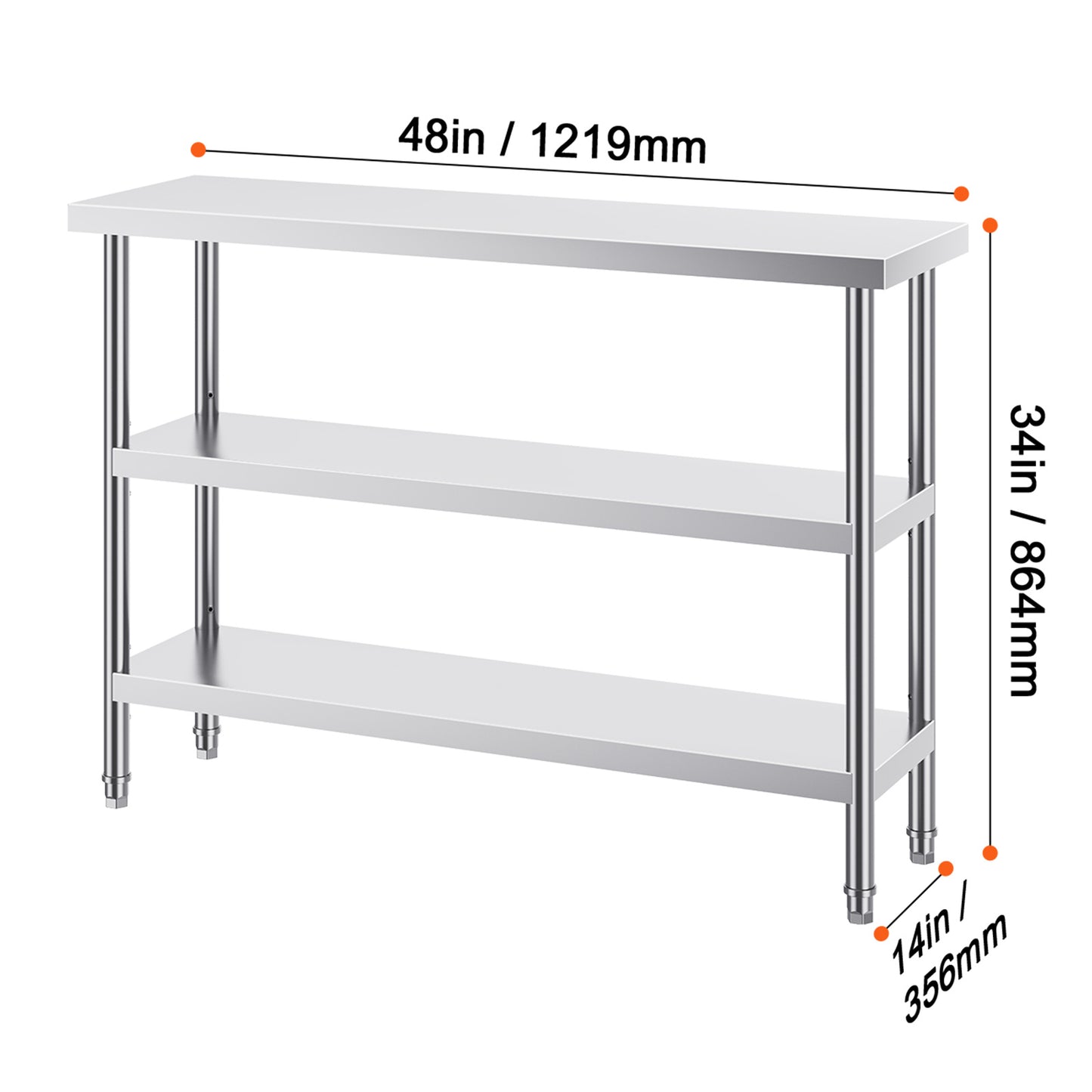 Roestvrijstalen Werktafel – RVS Werkbank – Keukentafel – Opbergtafel – Werkbank Garage – 14 x 48 Inch – 2 Verstelbare Planken