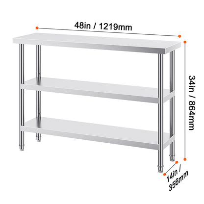 Roestvrijstalen Werktafel – RVS Werkbank – Keukentafel – Opbergtafel – Werkbank Garage – 14 x 48 Inch – 2 Verstelbare Planken