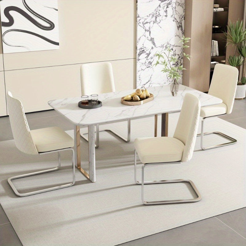 Eetkamerstoel – Stoel – Armstoel – Dinersstoel – Loungestoel – Set Van 6 – Beige Velvet Met Ruitmotief – Zilverkleurige Metalen Poot
