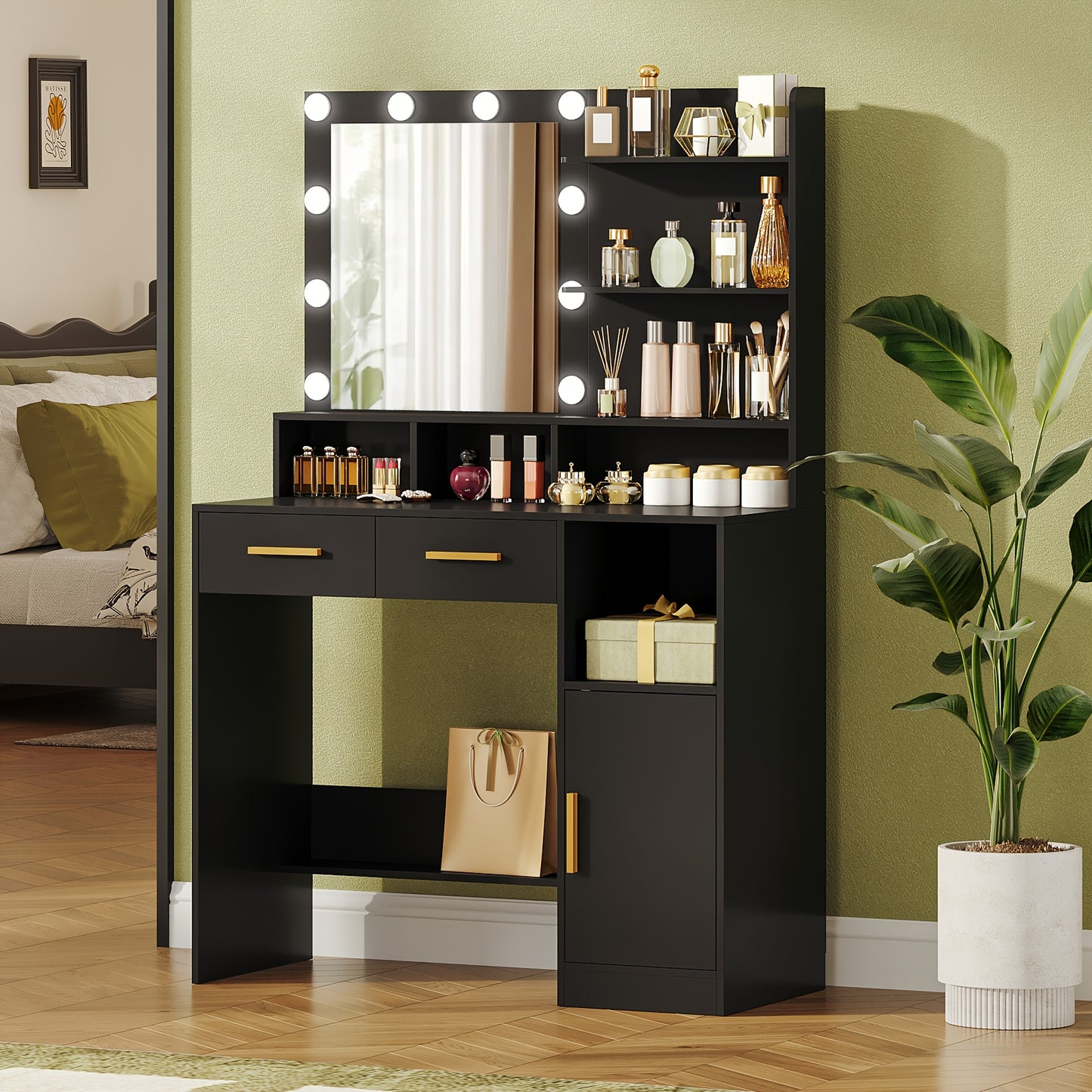 Dressing Table With Mirror And 10 LED Lights, Adjustable Brightness, Dressing Table With 2 Drawers & 1 Cabinet, 3 Shelves & 4 Open Compartments, White