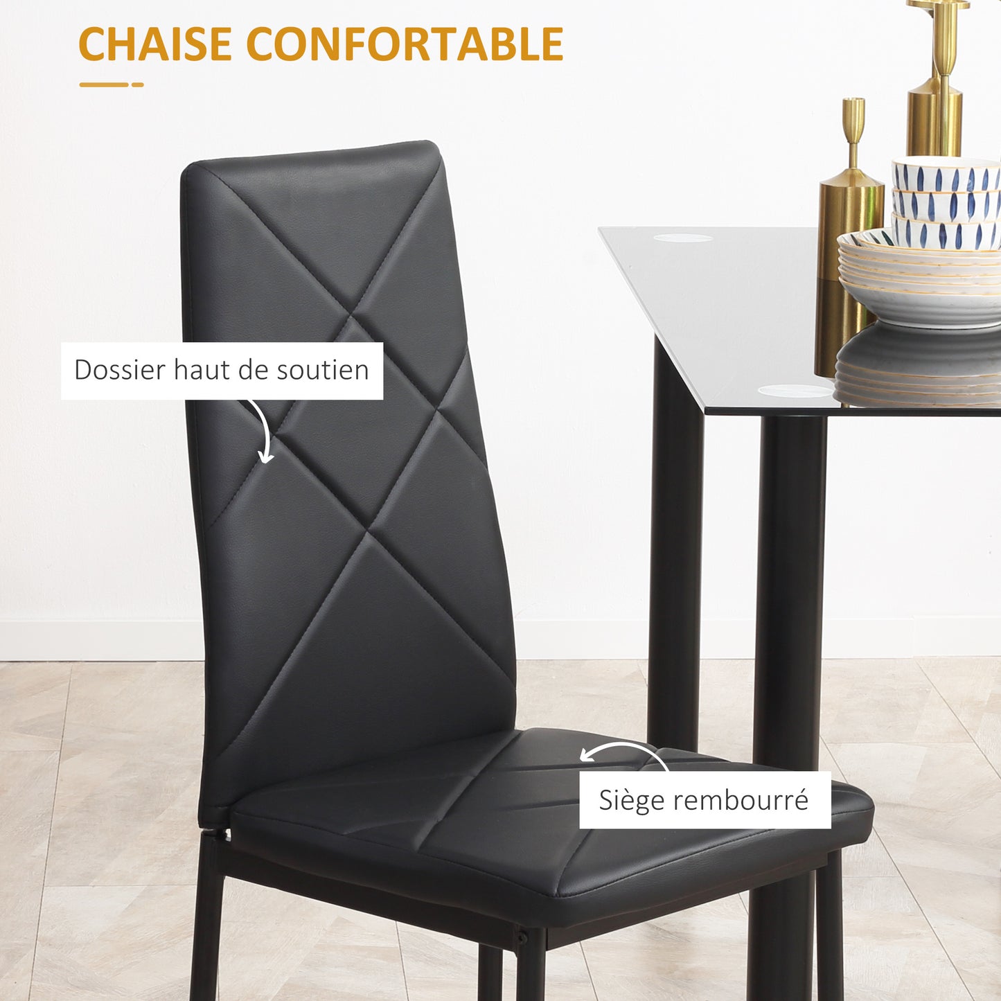 Eettafelset – Eethoek – Keukentafelset – Eettafel Met Stoelen – Zitgroep – Gehard Glas Tafelblad – Gepoedercoat Stalen Onderstel – Zwart