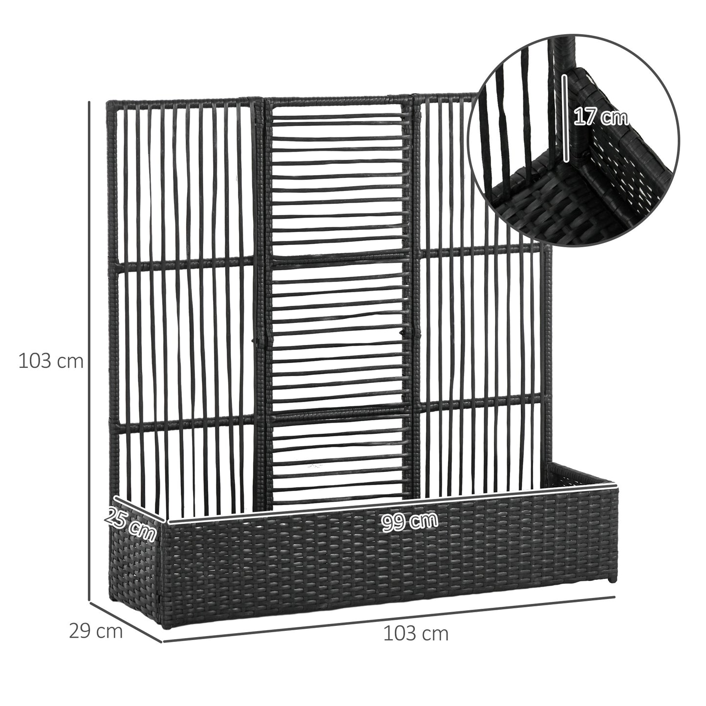 Bloempot – Plantenbak – Plantenbak Met Klimrek – Verhoogde Bloembak – Bloemenbak – Weerbestendig Poly Rattan – 103x103x29 cm Zwart