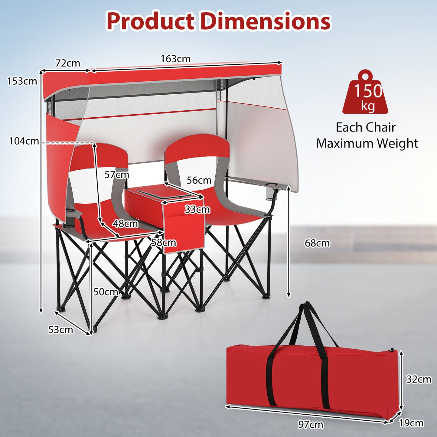 Dubbele Strandstoel – Tweezits Strandstoel – Strandstoelen Duo – Campingstoel Voor Twee – XL Strandstoel Met Verstelbare Zonneluifel – UPF 50+ Zonbescherming – Stevig Frame Tot 150 kg