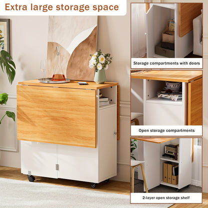 Expandable/Retractable Modern White & Wood Folding Dining Table with Locking Wheels, Storage Shelf & Space-Saving Design - Heavy-Duty Foldable Desk for 4-Person, Apartment, Dorm - /Plywood (120x70x75cm