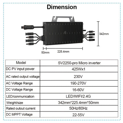 Micro-omvormer – Zonnepaneel Omvormer – Solar Inverter – Micro Inverter – Zonne-energie Converter – 2250W Vermogen – WiFi & Bluetooth Monitoring – Inclusief 5m Kabel