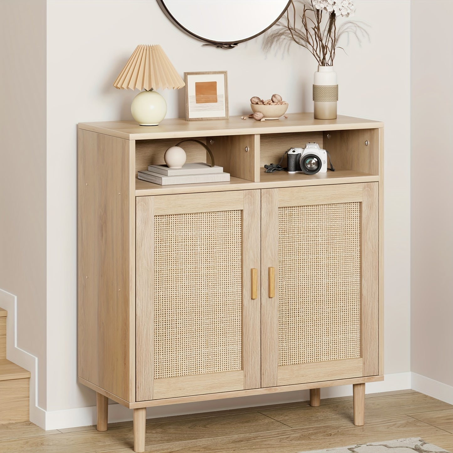 Dressoir – Sideboard – Buffetkast – Opbergkast – Keukenkast – Rotan Afwerking – 2 Deuren Met Open Plank – Stevig Houten Poten
