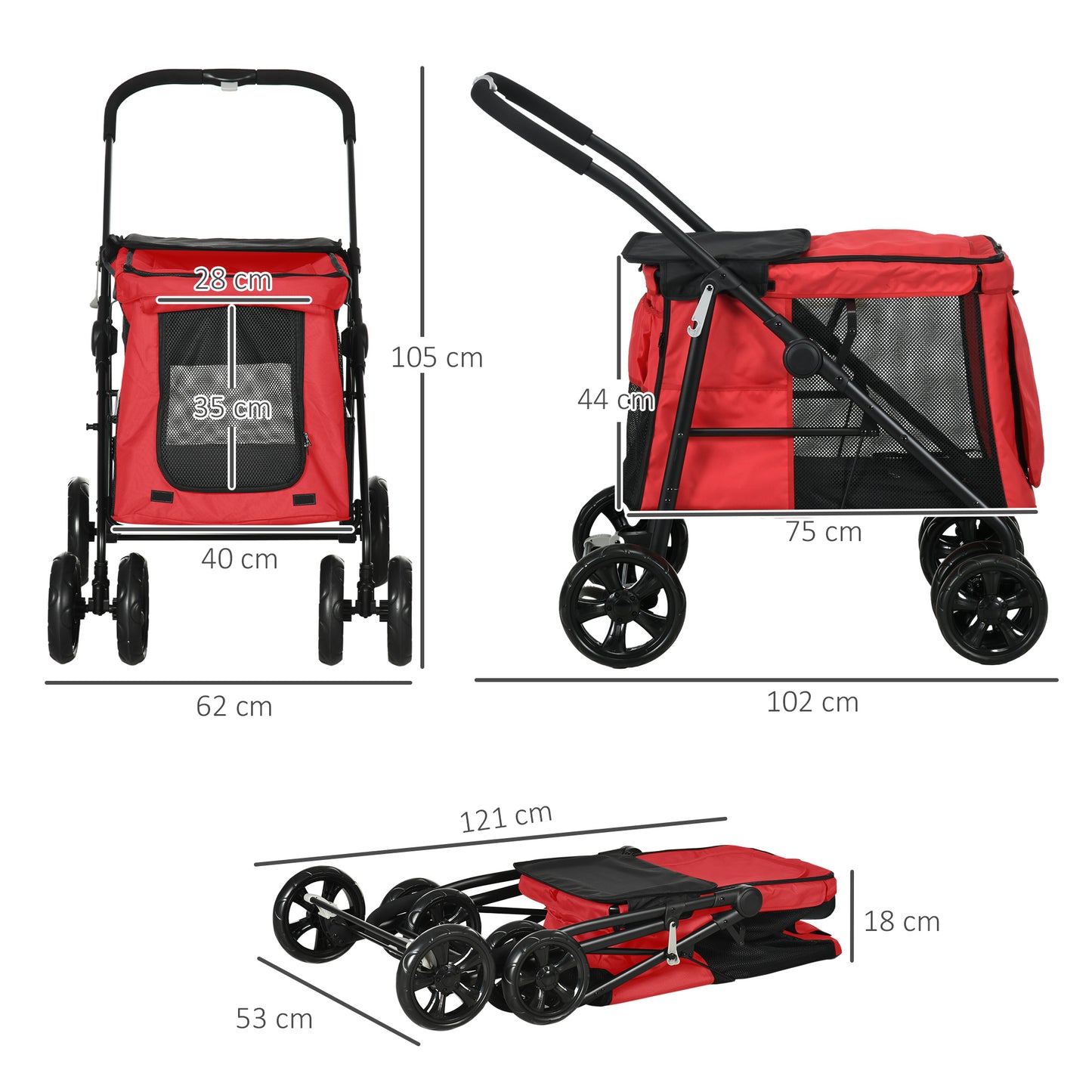 Huisdierwagen – Dierenbuggy – Hondenwagen – Kattenwagen – Wandelwagen – Opvouwbaar – 600D Oxford Stof – Stalen Frame – Kussen Inclusief – Rem Op Wielen – Rood