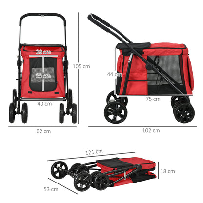 Huisdierwagen – Dierenbuggy – Hondenwagen – Kattenwagen – Wandelwagen – Opvouwbaar – 600D Oxford Stof – Stalen Frame – Kussen Inclusief – Rem Op Wielen – Rood