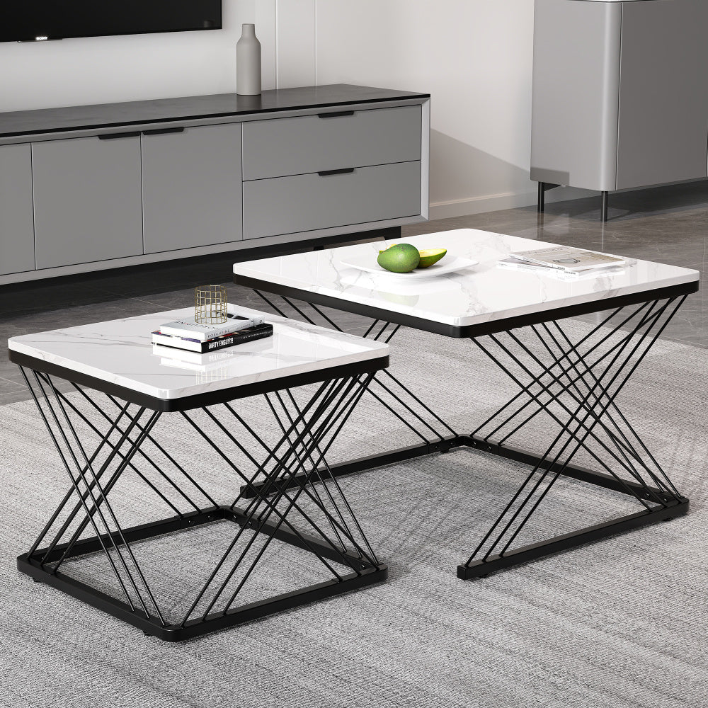 Salontafel – Koffietafel – Bijzettafel – Woonkamertafel – Tafeltje – Set Van 2 – Hoogglans Marmerlook – Verstelbare Pootjes – 60x60x45 & 45x45x40 cm