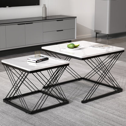 Salontafel – Koffietafel – Bijzettafel – Woonkamertafel – Tafeltje – Set Van 2 – Hoogglans Marmerlook – Verstelbare Pootjes – 60x60x45 & 45x45x40 cm