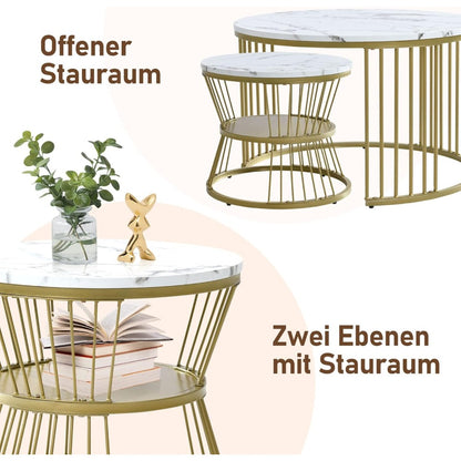 Set van 2 Ronde Salontafels – Bijzettafel – Side Table – Nesting Tafels – Sofa Tafel – Marmerlook – MDF Metalen Frame – Compact & Stevig