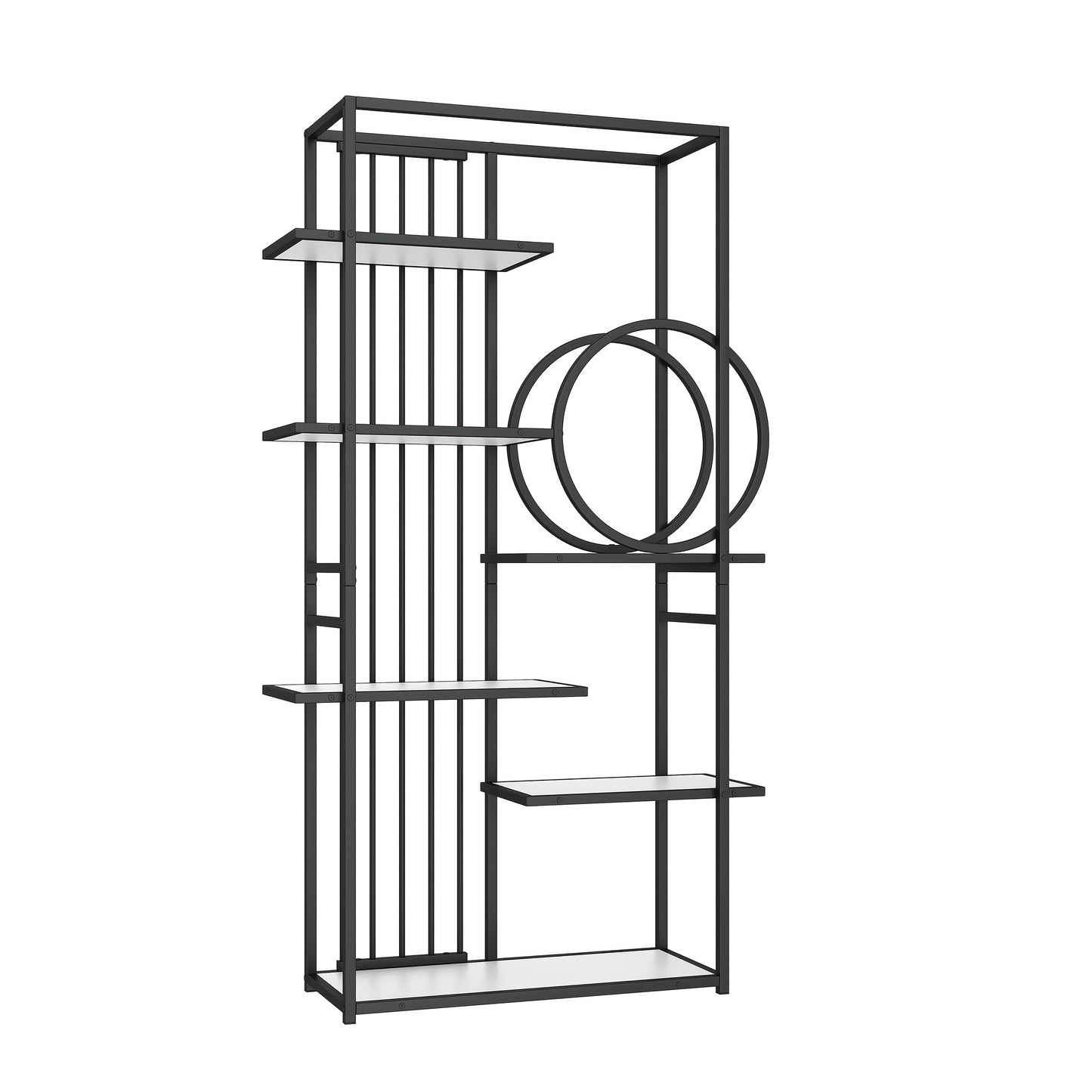 Modern Style Metal Rack, Solid Steel Tube, Geometric Structure, Multi-level Design, Round Decoration, Suitable for Interior Decoration, White + Black