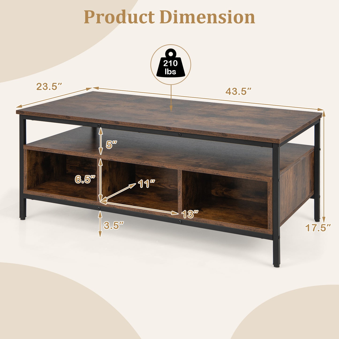 Salontafel – Koffietafel – Woonkamertafel – Tafel Met Opbergruimte – Tv-Meubel – 3-Lagen Design – Stevig Houten Blad Met Metalen Frame – Verstelbare Poten Voor Stabiliteit