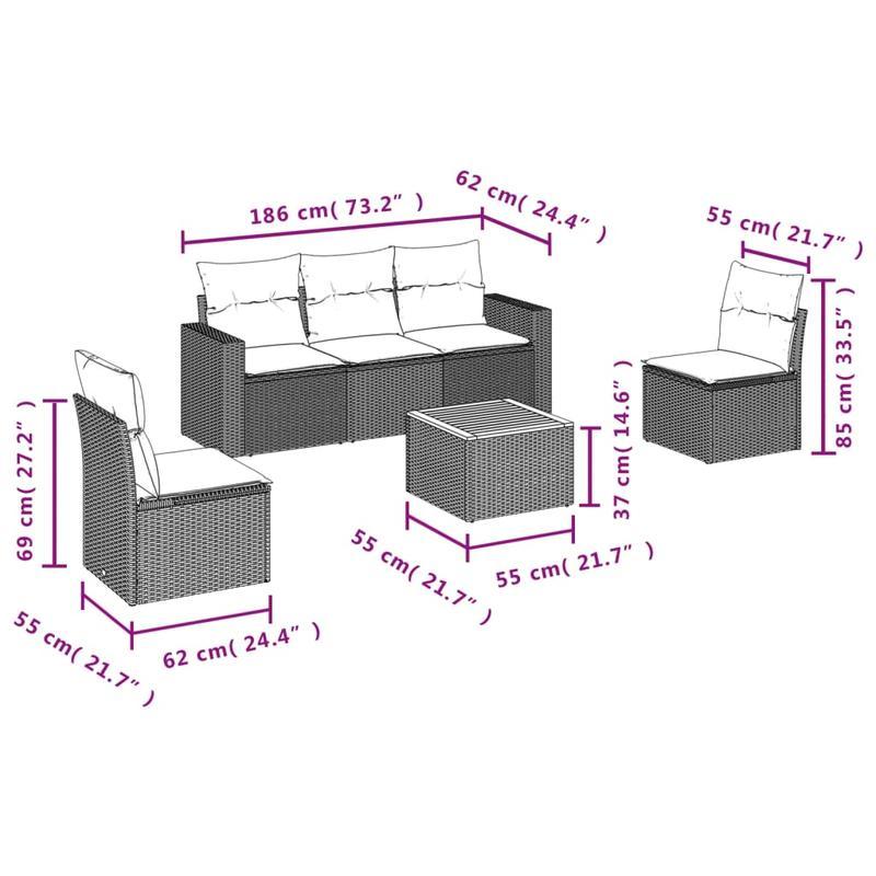 6-delige loungeset – tuinmeubels – loungesofa – zithoek – buitenmeubilair – beige poly rattan – weerbestendig – afneembare kussens