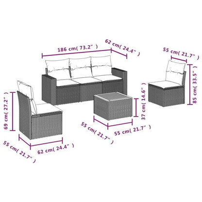 6-delige loungeset – tuinmeubels – loungesofa – zithoek – buitenmeubilair – beige poly rattan – weerbestendig – afneembare kussens