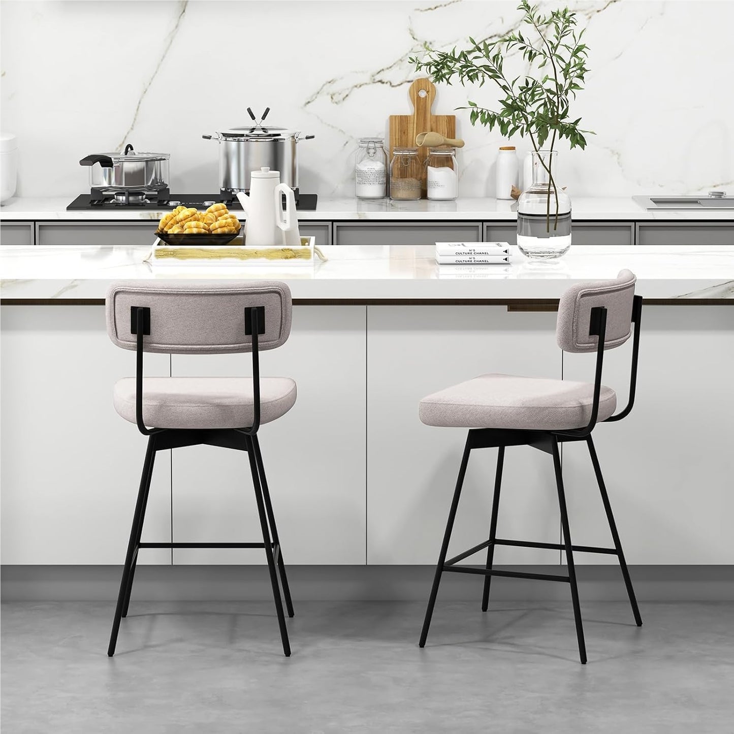 Barstoel – Barkruk – Keukenstoel – Barstoel Set – Barstoelen – Draaibaar 360° – Linnen Bekleding – Zithoogte 63,5 cm