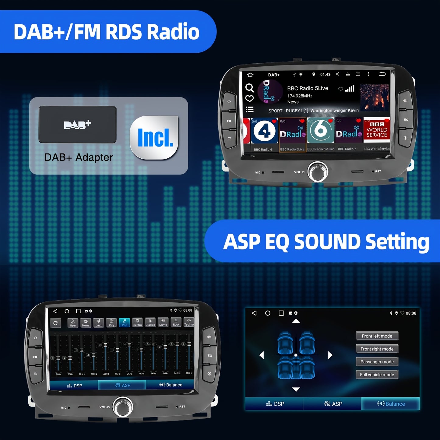 Multimedia Autoradio – 2 DIN Radio – Touchscreen Autoradio – Auto Stereo – Fiat 500 2016-2019 – 7 Inch HD Scherm – Android 14 Systeem