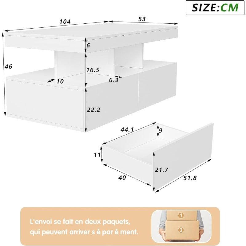 Salontafel – Koffietafel – Tafel – Woonkamertafel – Bijzettafel – Glanzend Zwart – 2 Lades Met Opbergruimte – Afmetingen 104x53x46 Cm