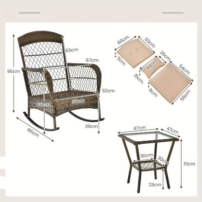 3-delige Tuin Schommelstoel Set – Buitenschommel Stoel – Lounge Stoel – Relaxstoel – Balkonmeubel – Handgeweven PE Rattan – Gehard Glas Tafel – Comfortabele Kussens – Veilig Schommelontwerp Beige