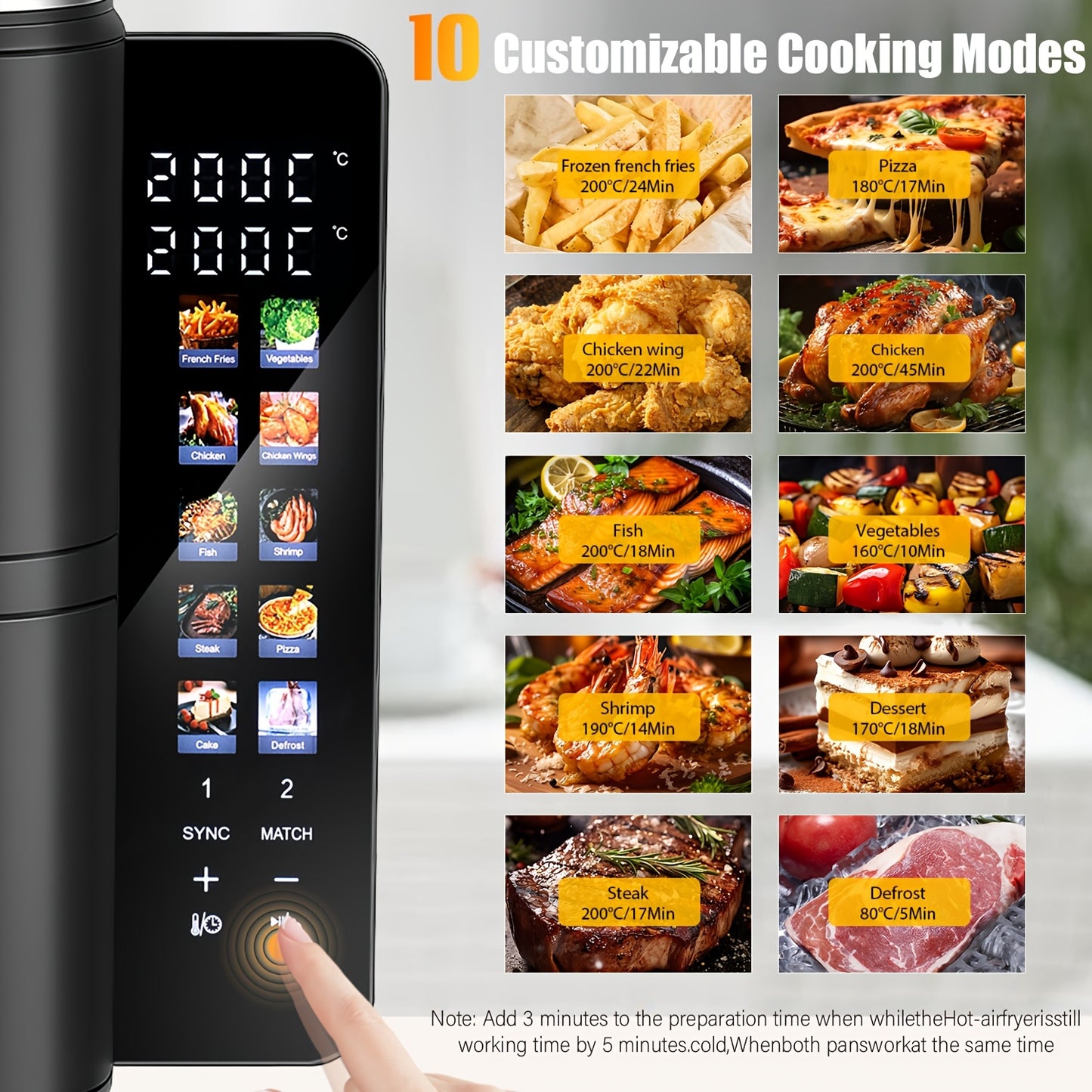 Airfryer – Heteluchtfriteuse – Dubbele Mand – Dubbele Lade – XXL Heteluchtoven – 11L Capaciteit – Verticaal Stapelbaar – PFAS-vrij – 2800W – 10 Kookprogramma’s – Sync & Match Functie