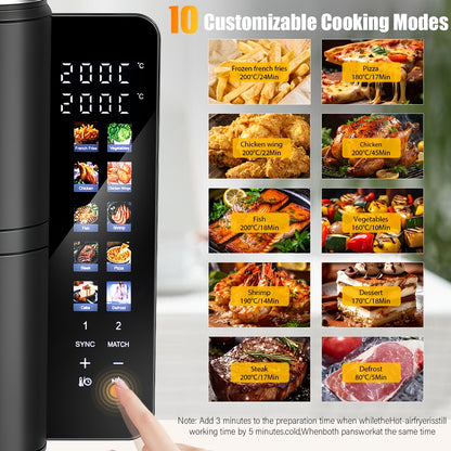 Airfryer – Heteluchtfriteuse – Dubbele Mand – Dubbele Lade – XXL Heteluchtoven – 11L Capaciteit – Verticaal Stapelbaar – PFAS-vrij – 2800W – 10 Kookprogramma’s – Sync & Match Functie
