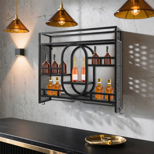 Wijnrek Wandgemonteerd – Wijnkast Wijnhouder Flessenrek Flessenhouder – Industrieel Design – Ruim 3-Niveaus – Stijlvol Geometrisch Patroon – Stabiel IJzer 150 kg Draagvermogen