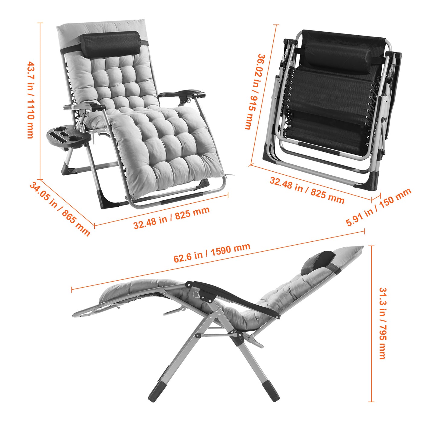 Zero Gravity Stoel – Relaxstoel – Ligstoel – Loungestoel – Tuinstoel – Grijs – Verstelbare Rugleuning 90°-170° – Stevig Stalen Frame 225 kg Draaggewicht