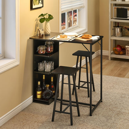 3pcs Compact Modern Farmhouse Bar Table and Chairs Set with 3-Tier Storage Shelves - Space-Saving Wood Construction, Black Finish for  Apartments, Living Room, Kitchen, Dining Room - Sturdy A-Frame Design & Comfortable Seatin