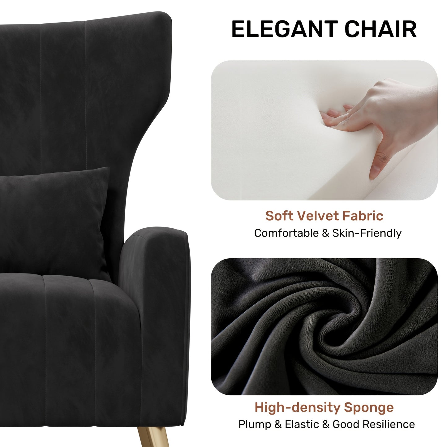 Relaxstoel – Fauteuil – Loungechair – Tv-stoel – Wing Chair – Zwart Velvet – Gouden Metalen Poten – Ergonomisch Comfort – Draaggewicht 130 Kg