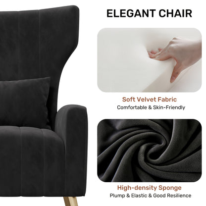 Relaxstoel – Fauteuil – Loungechair – Tv-stoel – Wing Chair – Zwart Velvet – Gouden Metalen Poten – Ergonomisch Comfort – Draaggewicht 130 Kg