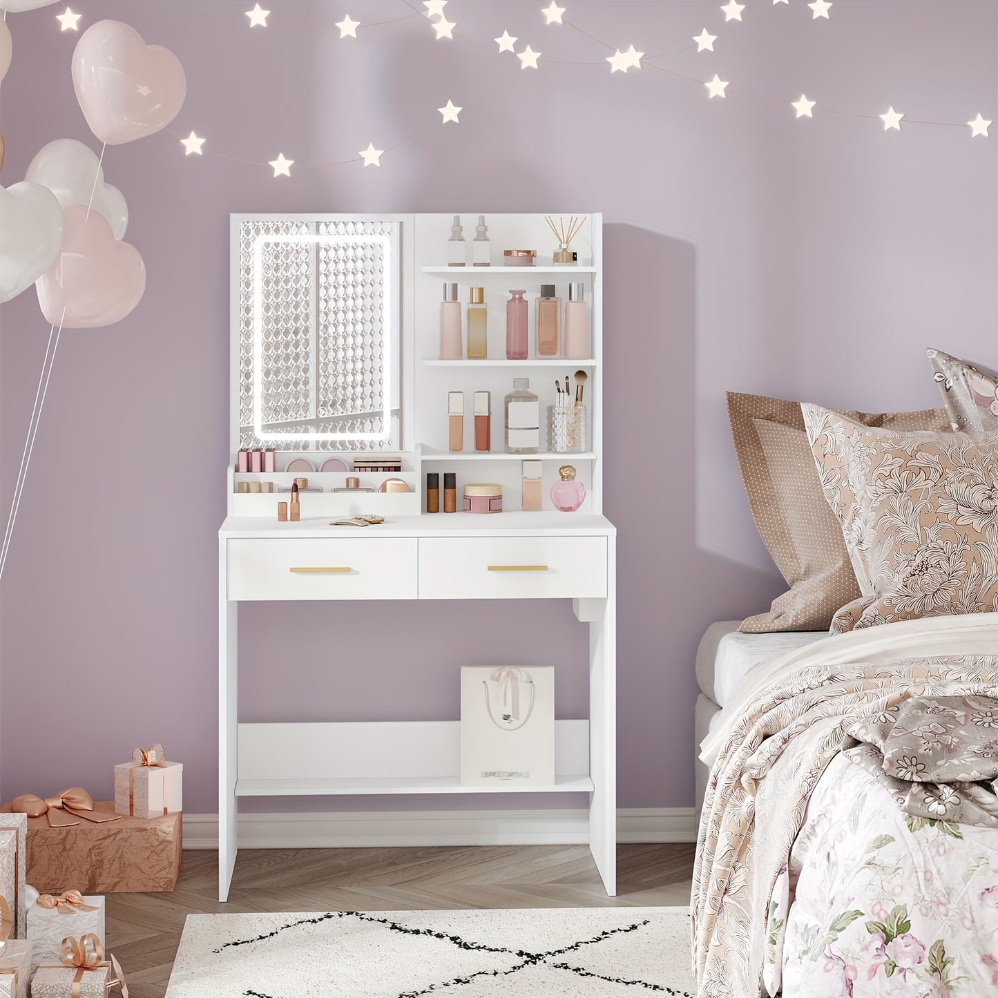 Kaptafel – Make-uptafel – Cosmeticatafel – Vanity – Opmaaktafel – LED Verlichting – 2 Lades & 2 USB Stopcontacten – Wit – 80x40x140 cm – Houtvezelplaat