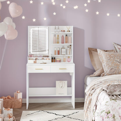 Kaptafel – Make-uptafel – Cosmeticatafel – Vanity – Opmaaktafel – LED Verlichting – 2 Lades & 2 USB Stopcontacten – Wit – 80x40x140 cm – Houtvezelplaat