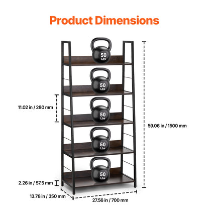 Metalen Boekenplank – Boekenkast – Plankenrek – Opbergkast – Display Rek – 5 Lagen – Stabiel Metalen Frame – Krasbestendige Bruine Afwerking