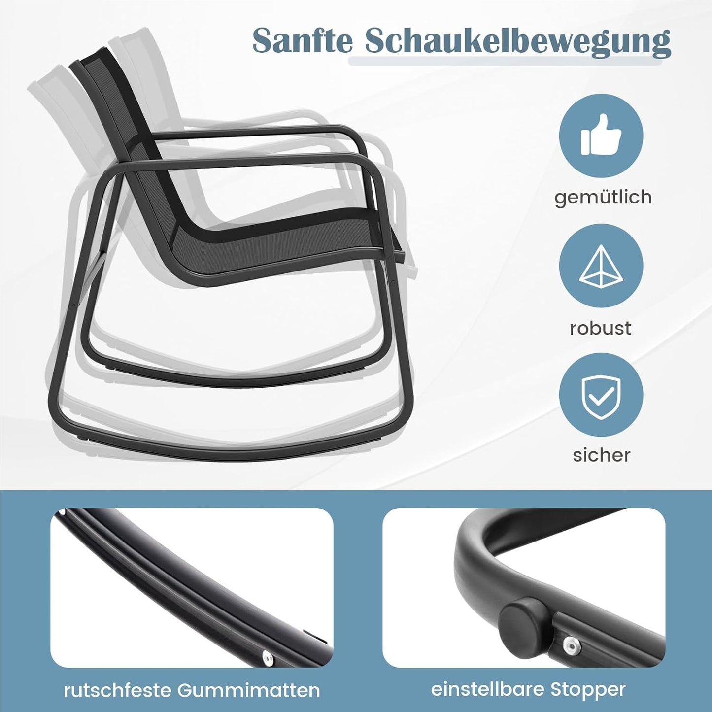 Tuinmeubelset – Tuinset – Loungeset – Balkonset – Terrasmeubilair – 4-Delige Zwart Met Rocking Stoelen – Met Veilig Schommelmechanisme en Versterkt Metaalframe