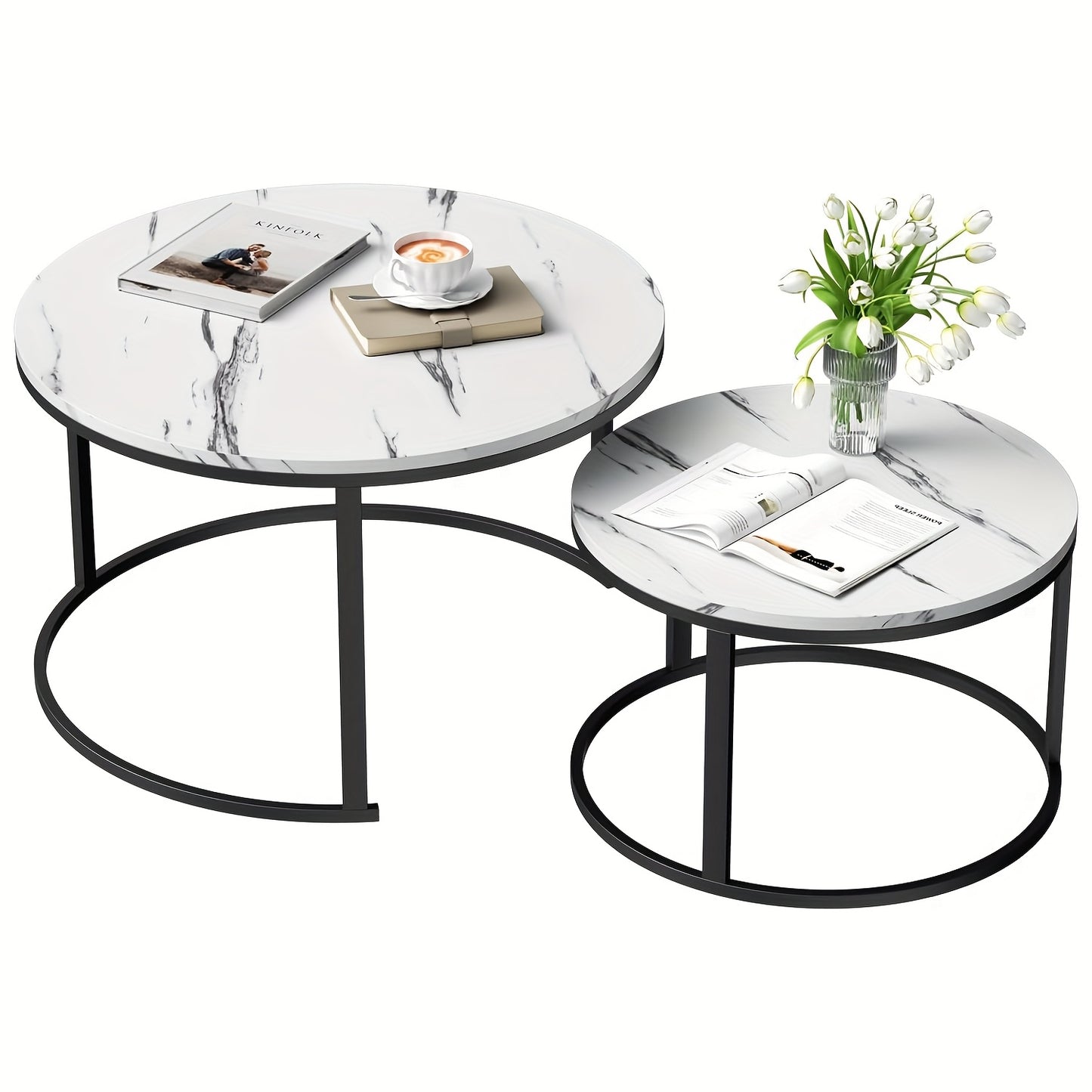 Ronde Salontafel – Bijzettafel – Tafeltje – Woonkamertafel – Set Van 2 – Modern Marmer Design – Diameter 80 + 60 cm – Zwart Met Gouden Accenten