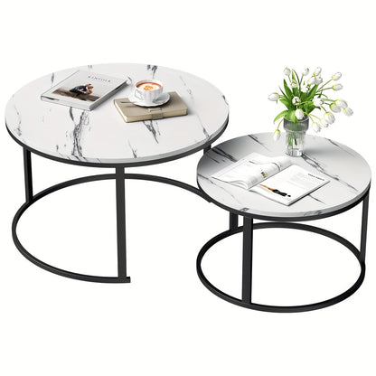 Ronde Salontafel – Bijzettafel – Tafeltje – Woonkamertafel – Set Van 2 – Modern Marmer Design – Diameter 80 + 60 cm – Zwart Met Gouden Accenten