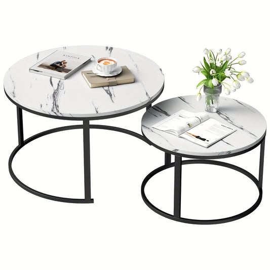 Ronde Salontafel – Bijzettafel – Tafeltje – Woonkamertafel – Set Van 2 – Modern Marmer Design – Diameter 80 + 60 cm – Zwart Met Gouden Accenten