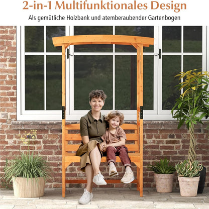 Rozenboog met Bankje – Houten Tuinboog – Klimplant Steun – Tuinbankje – Pergola – 2-Zits Bank – Weerbestendig Dennenhout – 120 x 58 x 189 cm