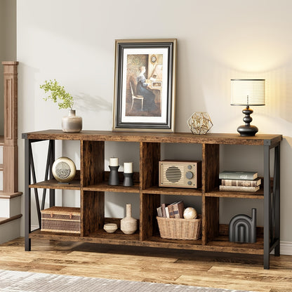 Boekenkast – Vakkenkast – Opbergkast – Boekenrek – Wandkast – 8 Vakken – Rustiek Bruin Hout – Metaal Frame – Laag Ontwerp – Eenvoudige Montage