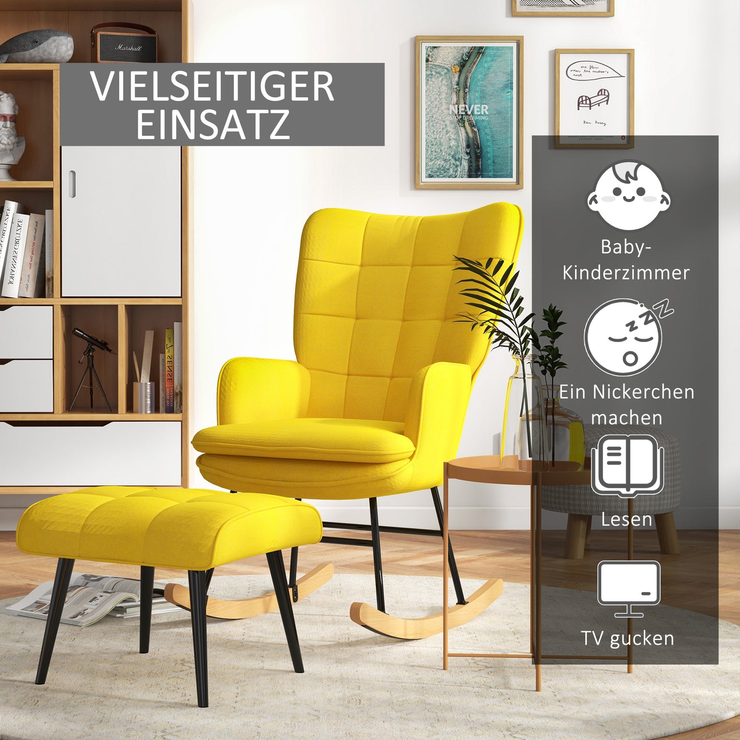 Schommelstoel – Schommelstoel Met Voetenbank – Relaxfauteuil – Wiebelfauteuil – Linnen Look Fauteuil – Gele Variant – Ergonomisch Comfort – Massief Beukenhout Frame