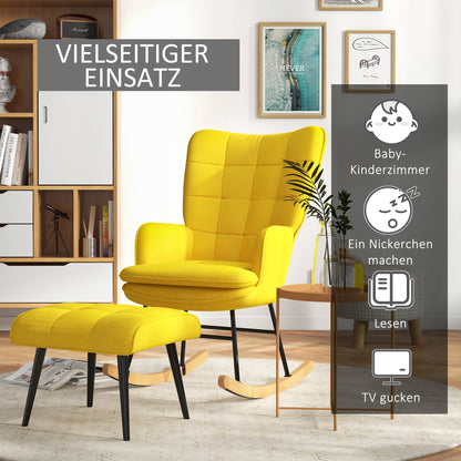 Schommelstoel – Schommelstoel Met Voetenbank – Relaxfauteuil – Wiebelfauteuil – Linnen Look Fauteuil – Gele Variant – Ergonomisch Comfort – Massief Beukenhout Frame