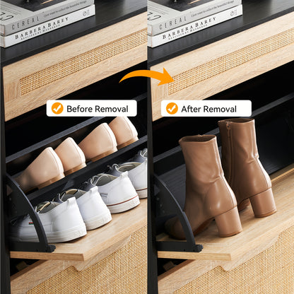 Schoenenkast – Schoenenrek – Schoenenopberger – Halmeubel – Schoenenbank – Natuurlijk Rattan – Opbergruimte voor 12 Paar Schoenen – Anti-Kantel Metalen Frame