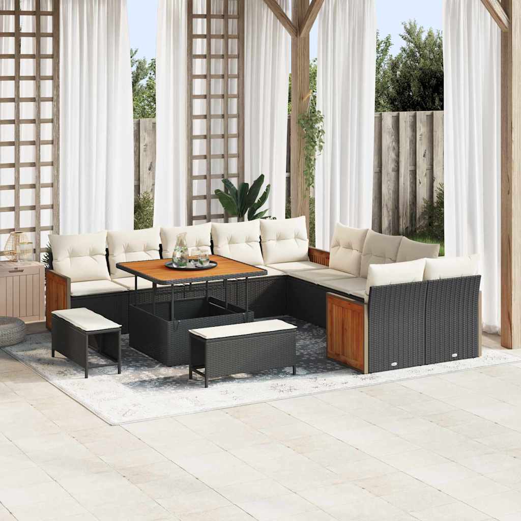 Tuinbank – Buitenbank – Loungeset – Outdoor Sofa – Tuinmeubel – Modulair Ontwerp – UV-Bestendig Poly Rattan & Acaciahout – Zwart met Crème Kussens – 5-Zits