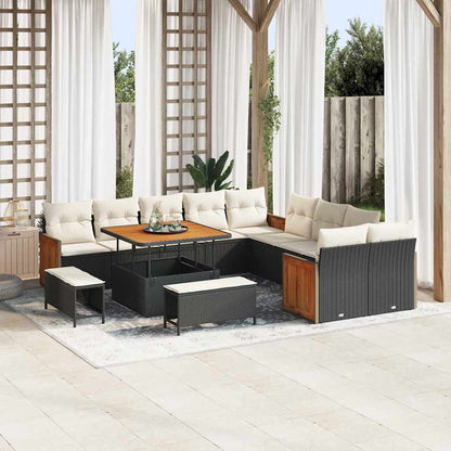 Tuinbank – Buitenbank – Loungeset – Outdoor Sofa – Tuinmeubel – Modulair Ontwerp – UV-Bestendig Poly Rattan & Acaciahout – Zwart met Crème Kussens – 5-Zits