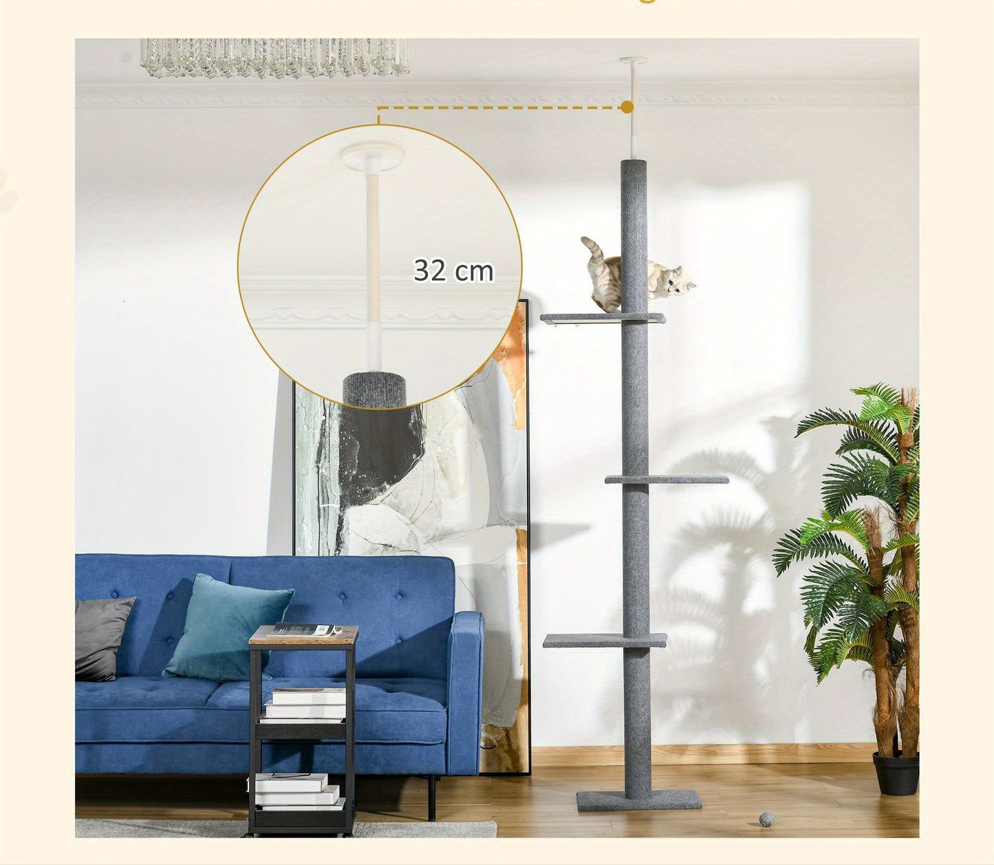 Kattenkrabpaal – Kattenboom – Krabmeubel – Klimpaal – Activiteitentoren – Verstelbaar 228-260 cm – Zachte Bekleding – Vloer-Plafond Bevestiging – Grijs