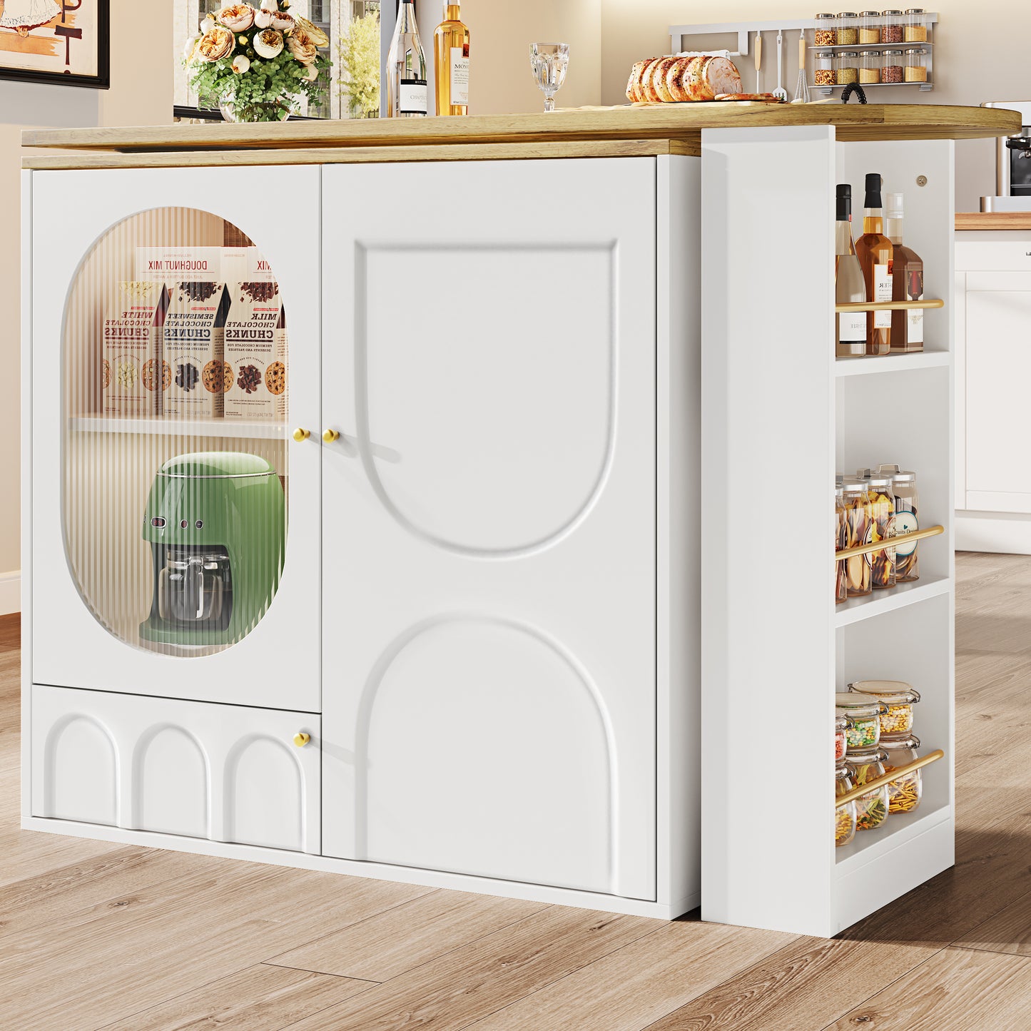 Barkast – Wijnrek – Drankkast – Bartafel – Keukentrolley – 360° Draaibaar – MDF Metalen Frame – 138x39x105 cm – 3 Deuren Met Uitneembare Scheidingswanden